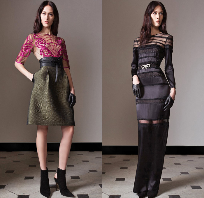 Temperley London 2014 Pre Fall Womens Presentation - Pre Autumn Collection - Leather Skinny Biker Jeans Sheer Chiffon Lace Peek-A-Boo Jumpsuit Wide Leg Trousers Flowers Floral Stained Glass Dresses: Designer Denim Jeans Fashion: Season Collections, Runways, Lookbooks and Linesheets