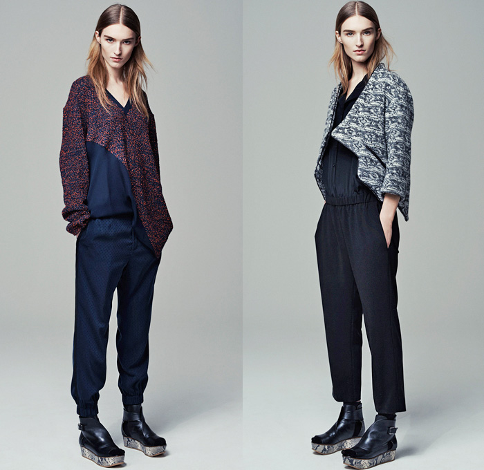 Thakoon Addition 2014 Pre Fall Womens Presentation - Pre Autumn Collection - Sweatpants Banded Wrapped Waistband Crop Top Midriff Knitwear Scarves Fringes Tassels Windowpane Check Lattice Flowers Floral Prints Outerwear Coats: Designer Denim Jeans Fashion: Season Collections, Runways, Lookbooks and Linesheets