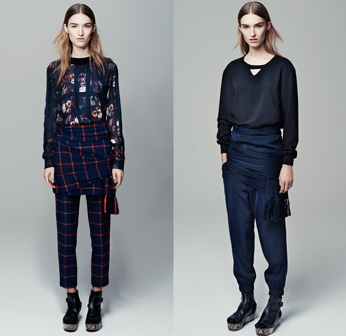 Thakoon Addition 2014 Pre Fall Womens Presentation - Pre Autumn Collection - Sweatpants Banded Wrapped Waistband Crop Top Midriff Knitwear Scarves Fringes Tassels Windowpane Check Lattice Flowers Floral Prints Outerwear Coats: Designer Denim Jeans Fashion: Season Collections, Runways, Lookbooks and Linesheets