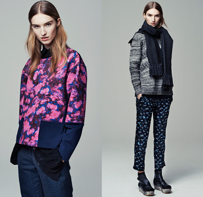 Thakoon Addition 2014 Pre Fall Womens Presentation - Pre Autumn Collection - Sweatpants Banded Wrapped Waistband Crop Top Midriff Knitwear Scarves Fringes Tassels Windowpane Check Lattice Flowers Floral Prints Outerwear Coats: Designer Denim Jeans Fashion: Season Collections, Runways, Lookbooks and Linesheets