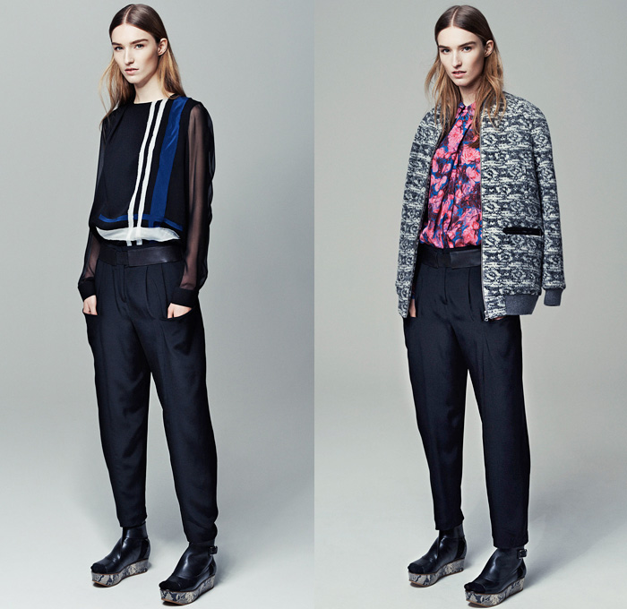 Thakoon Addition 2014 Pre Fall Womens Presentation - Pre Autumn Collection - Sweatpants Banded Wrapped Waistband Crop Top Midriff Knitwear Scarves Fringes Tassels Windowpane Check Lattice Flowers Floral Prints Outerwear Coats: Designer Denim Jeans Fashion: Season Collections, Runways, Lookbooks and Linesheets