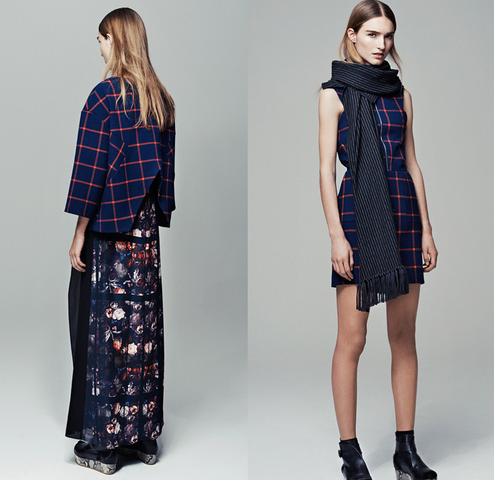 Thakoon Addition 2014 Pre Fall Womens Presentation - Pre Autumn Collection - Sweatpants Banded Wrapped Waistband Crop Top Midriff Knitwear Scarves Fringes Tassels Windowpane Check Lattice Flowers Floral Prints Outerwear Coats: Designer Denim Jeans Fashion: Season Collections, Runways, Lookbooks and Linesheets