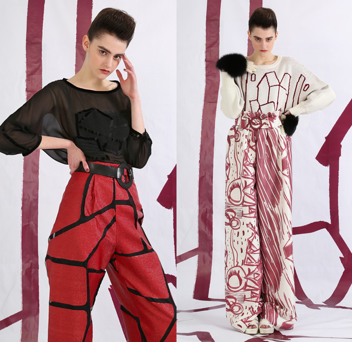 Tsumori Chisato 2014 Pre Fall Womens Lookbook Presentation - Pre Autumn Collection Looks - Prague Rooftops Fox Cobblestones Village Motif Print Graphic Palazzo Pants Wide Leg Waffle Knit Sweater Jumper Sheer Chiffon Peek-a-Boo Hanging Sleeve Cloak Cape Jogging Sweatpants Leggings Robe Poncho Crochet Lace Embroidery Outerwear Coat Jacket Coatdress Dress Circle Godet Poodle Skirt Bomber Jacket: Designer Denim Jeans Fashion: Season Collections, Runways, Lookbooks and Linesheets