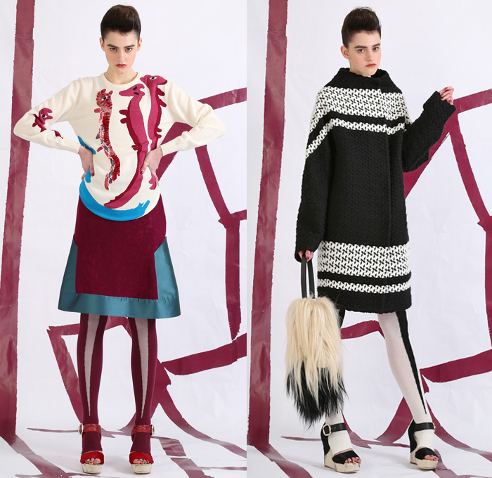 Tsumori Chisato 2014 Pre Fall Womens Lookbook Presentation - Pre Autumn Collection Looks - Prague Rooftops Fox Cobblestones Village Motif Print Graphic Palazzo Pants Wide Leg Waffle Knit Sweater Jumper Sheer Chiffon Peek-a-Boo Hanging Sleeve Cloak Cape Jogging Sweatpants Leggings Robe Poncho Crochet Lace Embroidery Outerwear Coat Jacket Coatdress Dress Circle Godet Poodle Skirt Bomber Jacket: Designer Denim Jeans Fashion: Season Collections, Runways, Lookbooks and Linesheets