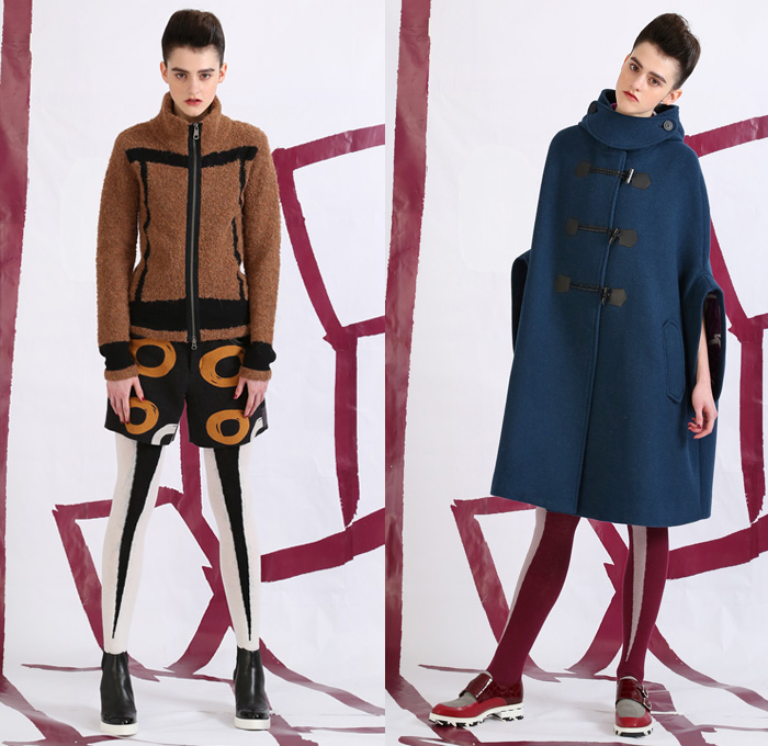 Tsumori Chisato 2014 Pre Fall Womens Lookbook Presentation - Pre Autumn Collection Looks - Prague Rooftops Fox Cobblestones Village Motif Print Graphic Palazzo Pants Wide Leg Waffle Knit Sweater Jumper Sheer Chiffon Peek-a-Boo Hanging Sleeve Cloak Cape Jogging Sweatpants Leggings Robe Poncho Crochet Lace Embroidery Outerwear Coat Jacket Coatdress Dress Circle Godet Poodle Skirt Bomber Jacket: Designer Denim Jeans Fashion: Season Collections, Runways, Lookbooks and Linesheets