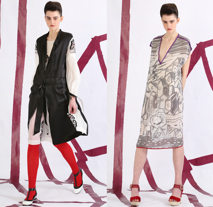 Tsumori Chisato 2014 Pre Fall Womens Lookbook Presentation - Pre Autumn Collection Looks - Prague Rooftops Fox Cobblestones Village Motif Print Graphic Palazzo Pants Wide Leg Waffle Knit Sweater Jumper Sheer Chiffon Peek-a-Boo Hanging Sleeve Cloak Cape Jogging Sweatpants Leggings Robe Poncho Crochet Lace Embroidery Outerwear Coat Jacket Coatdress Dress Circle Godet Poodle Skirt Bomber Jacket: Designer Denim Jeans Fashion: Season Collections, Runways, Lookbooks and Linesheets