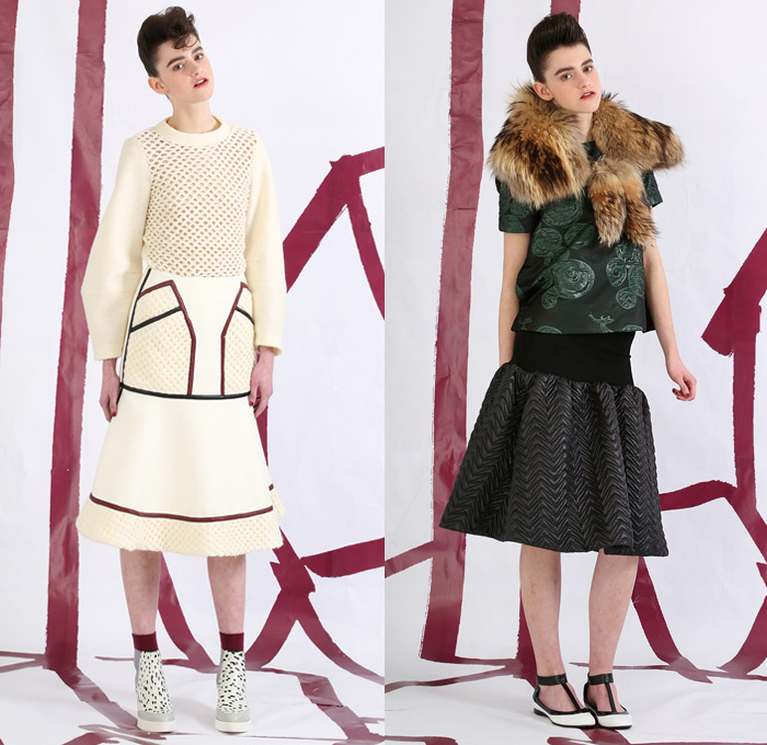 Tsumori Chisato 2014 Pre Fall Womens Lookbook Presentation - Pre Autumn Collection Looks - Prague Rooftops Fox Cobblestones Village Motif Print Graphic Palazzo Pants Wide Leg Waffle Knit Sweater Jumper Sheer Chiffon Peek-a-Boo Hanging Sleeve Cloak Cape Jogging Sweatpants Leggings Robe Poncho Crochet Lace Embroidery Outerwear Coat Jacket Coatdress Dress Circle Godet Poodle Skirt Bomber Jacket: Designer Denim Jeans Fashion: Season Collections, Runways, Lookbooks and Linesheets