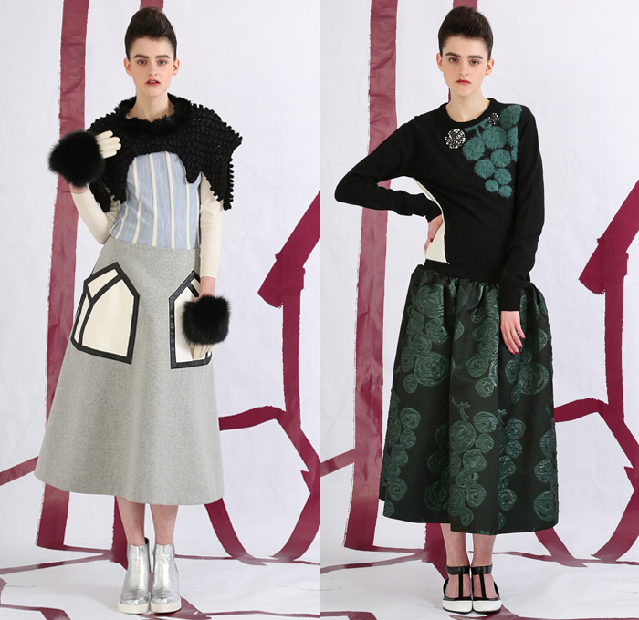 Tsumori Chisato 2014 Pre Fall Womens Lookbook Presentation - Pre Autumn Collection Looks - Prague Rooftops Fox Cobblestones Village Motif Print Graphic Palazzo Pants Wide Leg Waffle Knit Sweater Jumper Sheer Chiffon Peek-a-Boo Hanging Sleeve Cloak Cape Jogging Sweatpants Leggings Robe Poncho Crochet Lace Embroidery Outerwear Coat Jacket Coatdress Dress Circle Godet Poodle Skirt Bomber Jacket: Designer Denim Jeans Fashion: Season Collections, Runways, Lookbooks and Linesheets