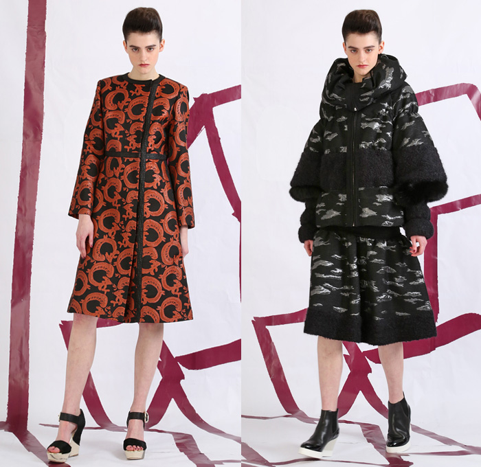 Tsumori Chisato 2014 Pre Fall Womens Lookbook Presentation - Pre Autumn Collection Looks - Prague Rooftops Fox Cobblestones Village Motif Print Graphic Palazzo Pants Wide Leg Waffle Knit Sweater Jumper Sheer Chiffon Peek-a-Boo Hanging Sleeve Cloak Cape Jogging Sweatpants Leggings Robe Poncho Crochet Lace Embroidery Outerwear Coat Jacket Coatdress Dress Circle Godet Poodle Skirt Bomber Jacket: Designer Denim Jeans Fashion: Season Collections, Runways, Lookbooks and Linesheets