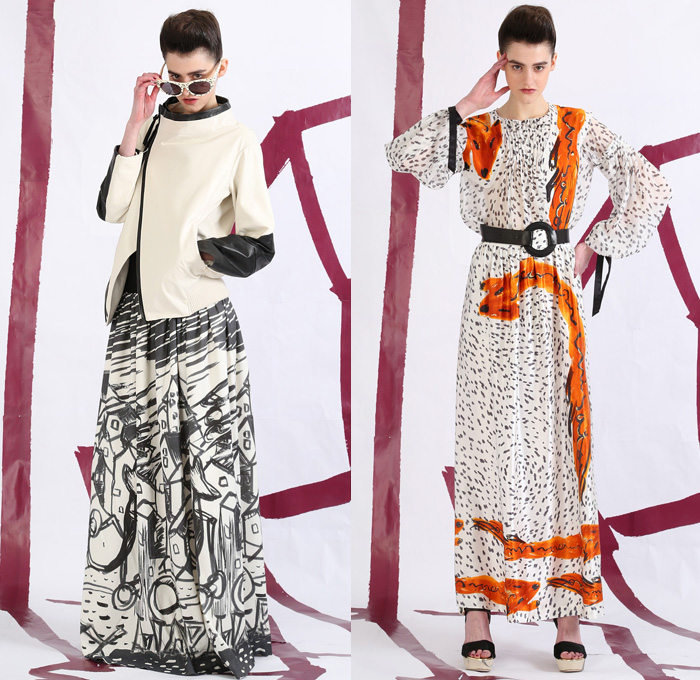 Tsumori Chisato 2014 Pre Fall Womens Lookbook Presentation - Pre Autumn Collection Looks - Prague Rooftops Fox Cobblestones Village Motif Print Graphic Palazzo Pants Wide Leg Waffle Knit Sweater Jumper Sheer Chiffon Peek-a-Boo Hanging Sleeve Cloak Cape Jogging Sweatpants Leggings Robe Poncho Crochet Lace Embroidery Outerwear Coat Jacket Coatdress Dress Circle Godet Poodle Skirt Bomber Jacket: Designer Denim Jeans Fashion: Season Collections, Runways, Lookbooks and Linesheets