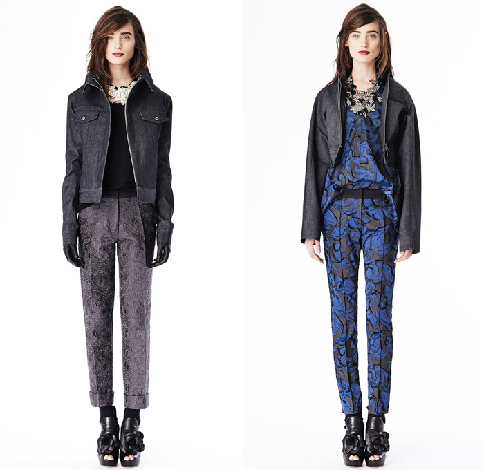Vera Wang 2014 Pre Fall Womens Presentation - Pre Autumn Collection Looks - Raw Dry Rigid Selvedge Denim Jeans Jacket Skirt Brocade Flowers Florals Lace Black Drapery Motorcycle Biker Sequins Embellishment Dress Down Puffy Outerwear Coat: Designer Denim Jeans Fashion: Season Collections, Runways, Lookbooks and Linesheets