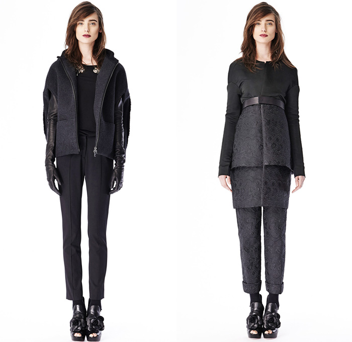 Vera Wang 2014 Pre Fall Womens Presentation - Pre Autumn Collection Looks - Raw Dry Rigid Selvedge Denim Jeans Jacket Skirt Brocade Flowers Florals Lace Black Drapery Motorcycle Biker Sequins Embellishment Dress Down Puffy Outerwear Coat: Designer Denim Jeans Fashion: Season Collections, Runways, Lookbooks and Linesheets