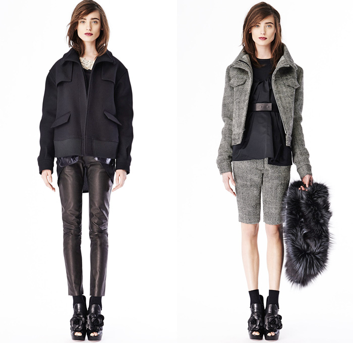 Vera Wang 2014 Pre Fall Womens Presentation - Pre Autumn Collection Looks - Raw Dry Rigid Selvedge Denim Jeans Jacket Skirt Brocade Flowers Florals Lace Black Drapery Motorcycle Biker Sequins Embellishment Dress Down Puffy Outerwear Coat: Designer Denim Jeans Fashion: Season Collections, Runways, Lookbooks and Linesheets