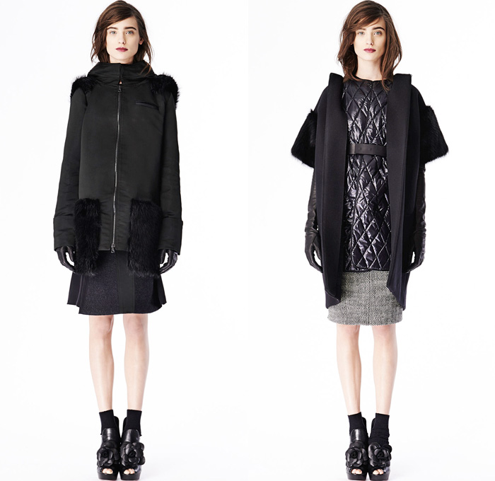 Vera Wang 2014 Pre Fall Womens Presentation - Pre Autumn Collection Looks - Raw Dry Rigid Selvedge Denim Jeans Jacket Skirt Brocade Flowers Florals Lace Black Drapery Motorcycle Biker Sequins Embellishment Dress Down Puffy Outerwear Coat: Designer Denim Jeans Fashion: Season Collections, Runways, Lookbooks and Linesheets