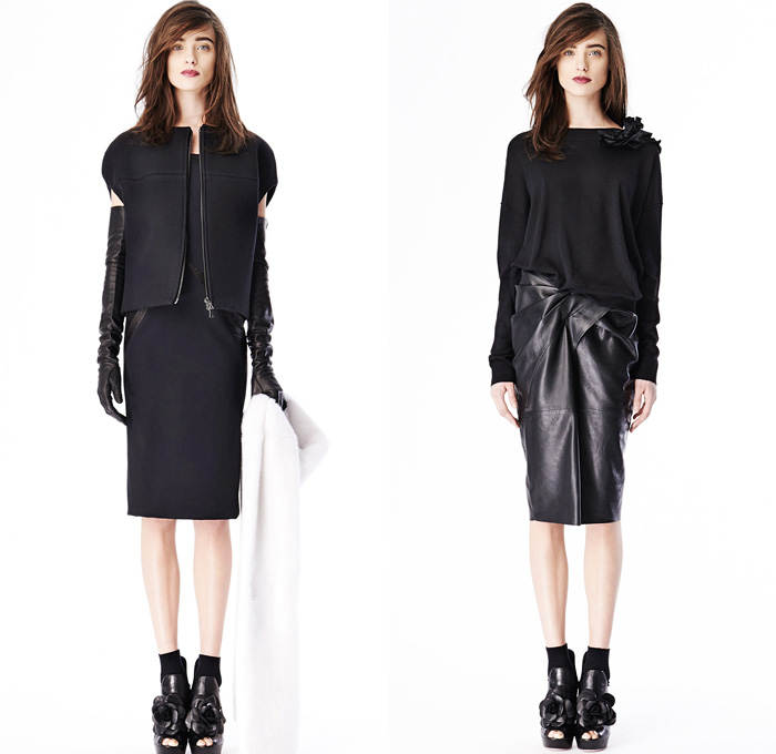 Vera Wang 2014 Pre Fall Womens Presentation - Pre Autumn Collection Looks - Raw Dry Rigid Selvedge Denim Jeans Jacket Skirt Brocade Flowers Florals Lace Black Drapery Motorcycle Biker Sequins Embellishment Dress Down Puffy Outerwear Coat: Designer Denim Jeans Fashion: Season Collections, Runways, Lookbooks and Linesheets