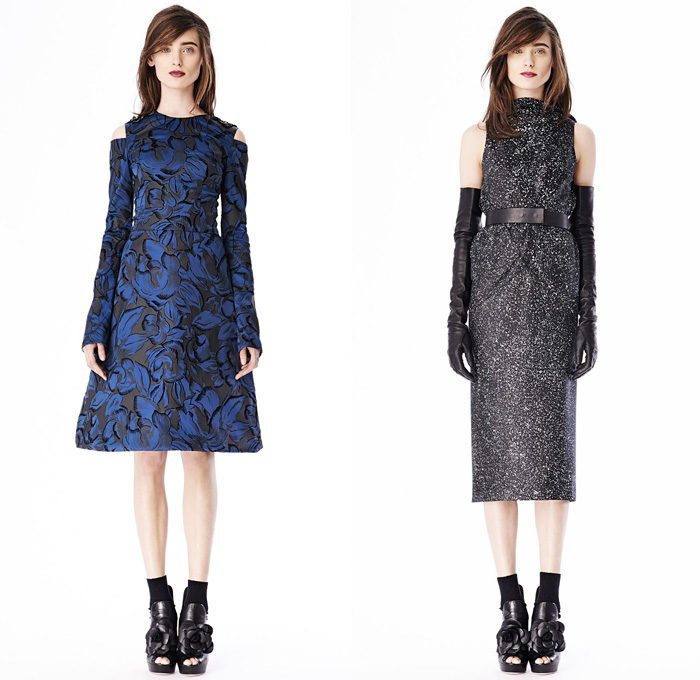 Vera Wang 2014 Pre Fall Womens Presentation - Pre Autumn Collection Looks - Raw Dry Rigid Selvedge Denim Jeans Jacket Skirt Brocade Flowers Florals Lace Black Drapery Motorcycle Biker Sequins Embellishment Dress Down Puffy Outerwear Coat: Designer Denim Jeans Fashion: Season Collections, Runways, Lookbooks and Linesheets