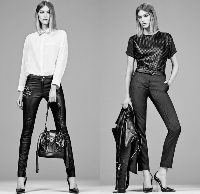 Versace 2014 Pre Fall Womens Presentation - Pre Autumn Collection Looks - Motorcycle Biker Ride Zippered Metallic Studs Skinny Jeans Pants Ornamental Baroque Cheetah Leopard Print Motif Circle Skirt Drapery Knee High Boots Oversized Outerwear Coats: Designer Denim Jeans Fashion: Season Collections, Runways, Lookbooks and Linesheets