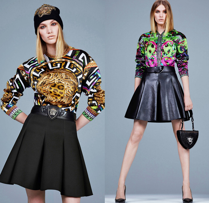 Versace 2014 Pre Fall Womens Presentation - Pre Autumn Collection Looks - Motorcycle Biker Ride Zippered Metallic Studs Skinny Jeans Pants Ornamental Baroque Cheetah Leopard Print Motif Circle Skirt Drapery Knee High Boots Oversized Outerwear Coats: Designer Denim Jeans Fashion: Season Collections, Runways, Lookbooks and Linesheets