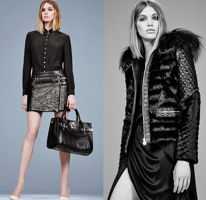 Versace 2014 Pre Fall Womens Presentation - Pre Autumn Collection Looks - Motorcycle Biker Ride Zippered Metallic Studs Skinny Jeans Pants Ornamental Baroque Cheetah Leopard Print Motif Circle Skirt Drapery Knee High Boots Oversized Outerwear Coats: Designer Denim Jeans Fashion: Season Collections, Runways, Lookbooks and Linesheets