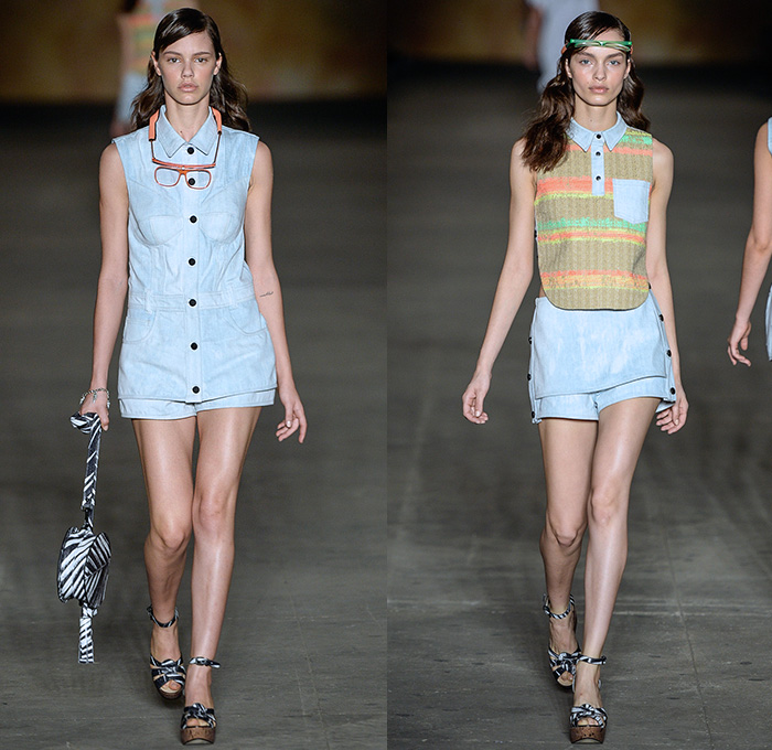 Ellus 2nd Floor 2014-2015 Summer Womens Runway Looks - Temporada Verão 2014-2015 Fashion Rio de Janeiro Brazil Brasil Southern Hemisphere Moda Desfiles - Denim Jeans Faded Retro Bleached Romper Combishorts Tankdress Multi-Panel Sleeveless Mini Skirt Skort Curved Hem Shorts Cut Offs Crop Top Midriff Stripes Neoprene Surf Bandeau Outerwear Jacket Swim Trunks Knit Palm Leaves Foliage Sheer Chiffon Peek-A-Boo Face Mask Tie Up Spaghetti Noodle Strap Wedges High Slit Kimono Wrap Robe