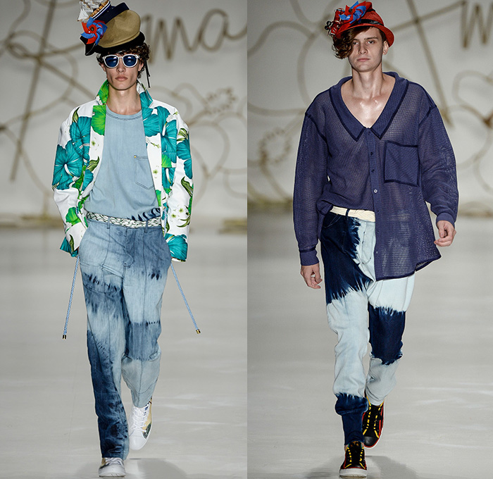 Amapô 2014-2015 Summer Mens Runway Looks - Temporada Verão 2014-2015 São Paulo Fashion Week Brazil Brasil Southern Hemisphere Moda Desfiles - Denim Jeans Acid Wash Tie-Dye Denim Trouser Flowers Floral Blazer Tropical Model Ship Mesh Lounge Peek-a-Boo Rope Weave Drawstring Crop Top Midriff Cargo Pants Print Motif Geometric Outerwear Coat Jacket Jorts Shorts Trunks Beach