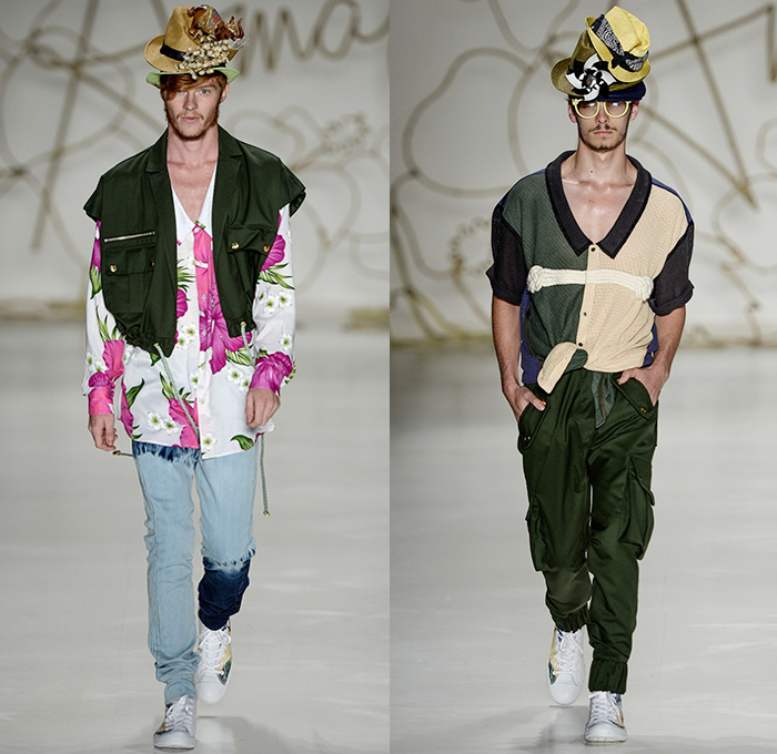 Amapô 2014-2015 Summer Mens Runway Looks - Temporada Verão 2014-2015 São Paulo Fashion Week Brazil Brasil Southern Hemisphere Moda Desfiles - Denim Jeans Acid Wash Tie-Dye Denim Trouser Flowers Floral Blazer Tropical Model Ship Mesh Lounge Peek-a-Boo Rope Weave Drawstring Crop Top Midriff Cargo Pants Print Motif Geometric Outerwear Coat Jacket Jorts Shorts Trunks Beach