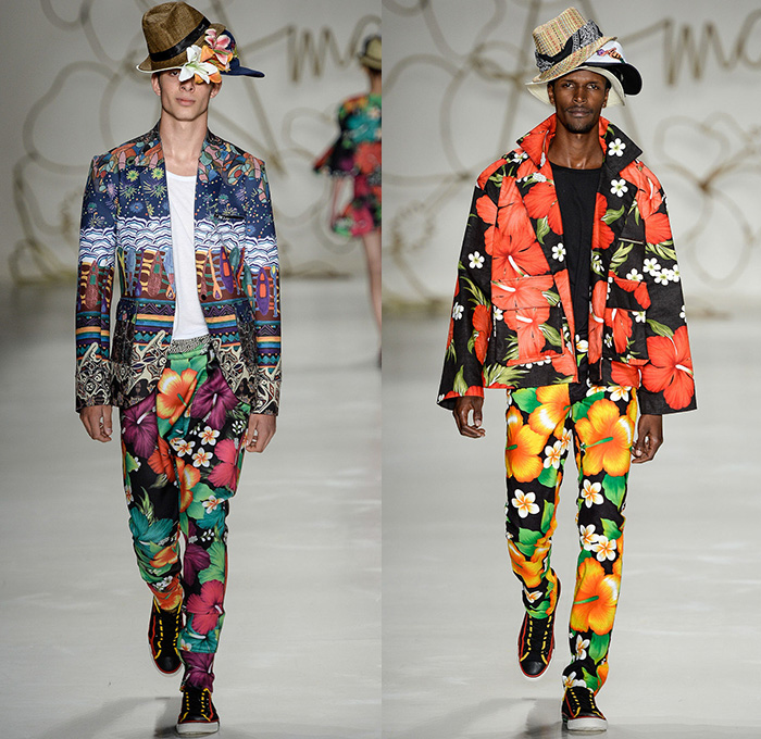 Amapô 2014-2015 Summer Mens Runway Looks - Temporada Verão 2014-2015 São Paulo Fashion Week Brazil Brasil Southern Hemisphere Moda Desfiles - Denim Jeans Acid Wash Tie-Dye Denim Trouser Flowers Floral Blazer Tropical Model Ship Mesh Lounge Peek-a-Boo Rope Weave Drawstring Crop Top Midriff Cargo Pants Print Motif Geometric Outerwear Coat Jacket Jorts Shorts Trunks Beach