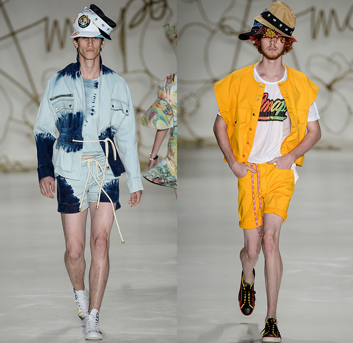 Amapô 2014-2015 Summer Mens Runway Looks - Temporada Verão 2014-2015 São Paulo Fashion Week Brazil Brasil Southern Hemisphere Moda Desfiles - Denim Jeans Acid Wash Tie-Dye Denim Trouser Flowers Floral Blazer Tropical Model Ship Mesh Lounge Peek-a-Boo Rope Weave Drawstring Crop Top Midriff Cargo Pants Print Motif Geometric Outerwear Coat Jacket Jorts Shorts Trunks Beach