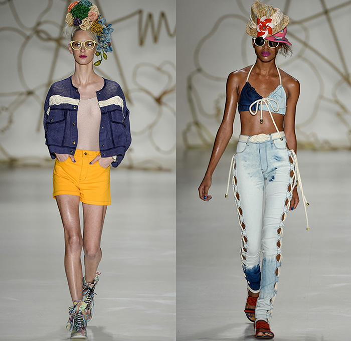 Amapô 2014-2015 Summer Womens Runway Looks - Temporada Verão 2014-2015 São Paulo Fashion Week Brazil Brasil Southern Hemisphere Moda Desfiles - Denim Jeans Faded Bleached Shorts Jorts Cutoffs Mesh Net Jacket Peek-a-Boo Rope Weave Acid Wash Drawstring Crop Top Midriff Swim Embroidery Flowers Florals Flare Bell Peplum Sleeves Illustrations Motif Print Beach Geometric Leaves Foliage Lace Guitar Portraits People