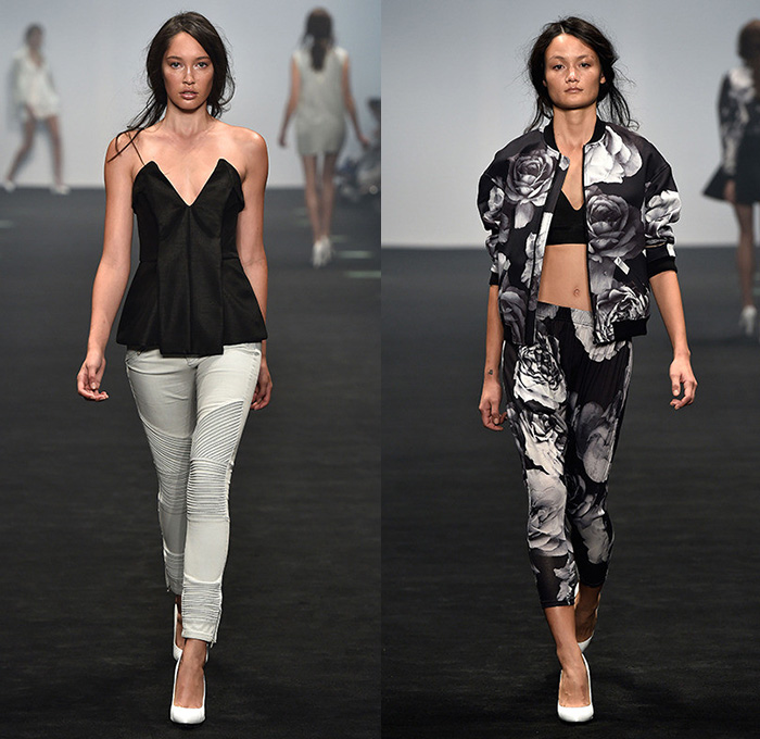 Cameo 2014-2015 Summer Womens Runway Looks - Mercedes-Benz Fashion Week Sydney Australia Southern Hemisphere Catwalk - Motorcycle Biker Rider Ribbed Knee Panel Denim Jeans Faded Strapless Pleats Flowers Florals Print Motif Crop Top Midriff Prism Grid Windowpane Drapery Stripes Lace Shirtdress Sweater Jumper Shorts Sheer Chiffon Peek-a-Boo Handkerchief Hem Outerwear Blazer Poodle Circle Skirt Abstract Dress Dovetail