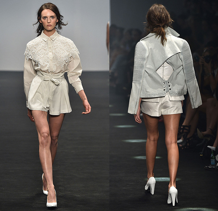 Cameo 2014-2015 Summer Womens Runway Looks - Mercedes-Benz Fashion Week Sydney Australia Southern Hemisphere Catwalk - Motorcycle Biker Rider Ribbed Knee Panel Denim Jeans Faded Strapless Pleats Flowers Florals Print Motif Crop Top Midriff Prism Grid Windowpane Drapery Stripes Lace Shirtdress Sweater Jumper Shorts Sheer Chiffon Peek-a-Boo Handkerchief Hem Outerwear Blazer Poodle Circle Skirt Abstract Dress Dovetail