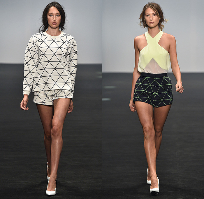 Cameo 2014-2015 Summer Womens Runway Looks - Mercedes-Benz Fashion Week Sydney Australia Southern Hemisphere Catwalk - Motorcycle Biker Rider Ribbed Knee Panel Denim Jeans Faded Strapless Pleats Flowers Florals Print Motif Crop Top Midriff Prism Grid Windowpane Drapery Stripes Lace Shirtdress Sweater Jumper Shorts Sheer Chiffon Peek-a-Boo Handkerchief Hem Outerwear Blazer Poodle Circle Skirt Abstract Dress Dovetail