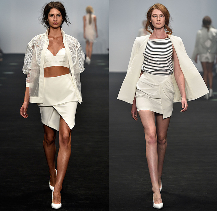 Cameo 2014-2015 Summer Womens Runway Looks - Mercedes-Benz Fashion Week Sydney Australia Southern Hemisphere Catwalk - Motorcycle Biker Rider Ribbed Knee Panel Denim Jeans Faded Strapless Pleats Flowers Florals Print Motif Crop Top Midriff Prism Grid Windowpane Drapery Stripes Lace Shirtdress Sweater Jumper Shorts Sheer Chiffon Peek-a-Boo Handkerchief Hem Outerwear Blazer Poodle Circle Skirt Abstract Dress Dovetail