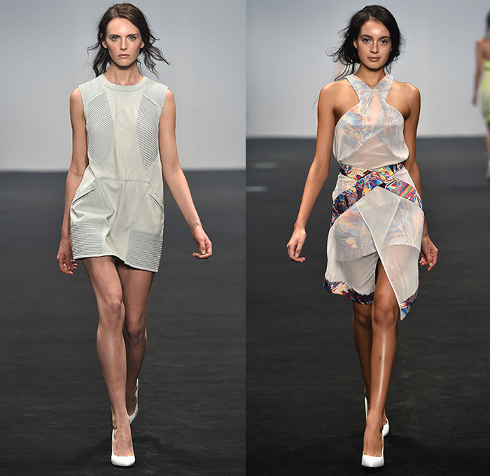 Cameo 2014-2015 Summer Womens Runway Looks - Mercedes-Benz Fashion Week Sydney Australia Southern Hemisphere Catwalk - Motorcycle Biker Rider Ribbed Knee Panel Denim Jeans Faded Strapless Pleats Flowers Florals Print Motif Crop Top Midriff Prism Grid Windowpane Drapery Stripes Lace Shirtdress Sweater Jumper Shorts Sheer Chiffon Peek-a-Boo Handkerchief Hem Outerwear Blazer Poodle Circle Skirt Abstract Dress Dovetail