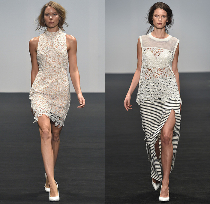 Cameo 2014-2015 Summer Womens Runway Looks - Mercedes-Benz Fashion Week Sydney Australia Southern Hemisphere Catwalk - Motorcycle Biker Rider Ribbed Knee Panel Denim Jeans Faded Strapless Pleats Flowers Florals Print Motif Crop Top Midriff Prism Grid Windowpane Drapery Stripes Lace Shirtdress Sweater Jumper Shorts Sheer Chiffon Peek-a-Boo Handkerchief Hem Outerwear Blazer Poodle Circle Skirt Abstract Dress Dovetail