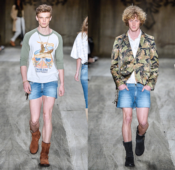 Cavalera 2014-2015 Summer Mens Runway Looks - Temporada Verão 2014-2015 São Paulo Fashion Week Brazil Brasil Southern Hemisphere Moda Desfiles - Denim Jeans Jorts Cutoffs Shorts Leaves Foliage Print Motif Fringes Scarf Roll Up Fold Up Outerwear Blazer Silk White Ensemble Flowers Florals Robe Wrap Tropical Multi-Panel