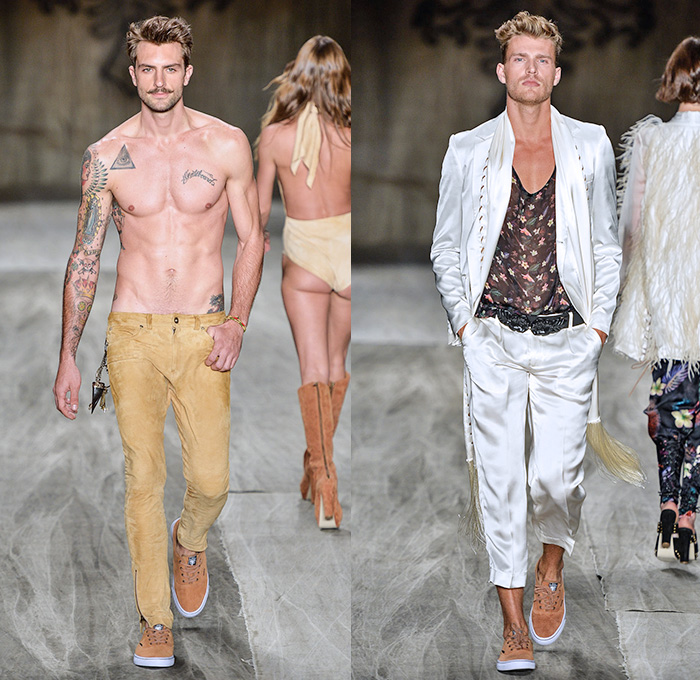 Cavalera 2014-2015 Summer Mens Runway Looks - Temporada Verão 2014-2015 São Paulo Fashion Week Brazil Brasil Southern Hemisphere Moda Desfiles - Denim Jeans Jorts Cutoffs Shorts Leaves Foliage Print Motif Fringes Scarf Roll Up Fold Up Outerwear Blazer Silk White Ensemble Flowers Florals Robe Wrap Tropical Multi-Panel