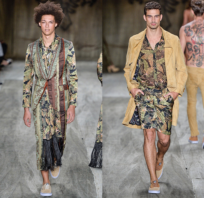 Cavalera 2014-2015 Summer Mens Runway Looks - Temporada Verão 2014-2015 São Paulo Fashion Week Brazil Brasil Southern Hemisphere Moda Desfiles - Denim Jeans Jorts Cutoffs Shorts Leaves Foliage Print Motif Fringes Scarf Roll Up Fold Up Outerwear Blazer Silk White Ensemble Flowers Florals Robe Wrap Tropical Multi-Panel