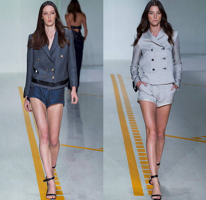 Christopher Esber 2014-2015 Summer Womens Runway Looks - Mercedes-Benz Fashion Week Sydney Australia Southern Hemisphere Catwalk - Shorts Blazer Outerwear Coat Jacket Double Breasted Turtleneck Grid Lattice Leather Knit Dress Pencil Skirt Trapezoid Cut Strapless Slash Neck Asymmetrical Sleeves One Shoulder Off Shoulder Ribbed Wrap Sleeveless