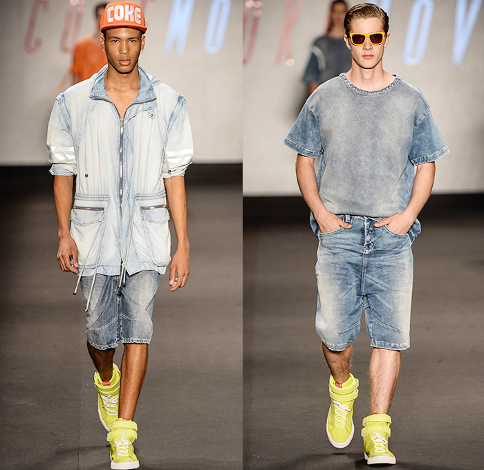 Coca-Cola Jeans 2014-2015 Summer Mens Runway Looks - Temporada Verão 2014-2015 Fashion Rio de Janeiro Brazil Brasil Southern Hemisphere Moda Desfiles - Denim Jeans Shorts Jorts Drawstring Cargo Pockets Sneakers Hitops Vest Waistcoat Rain Rainwear Raincoat Reflector Reflective Hi Vis High Visibility Reflector Stripes Utility Straps Geometric Plastic Translucent Clear 