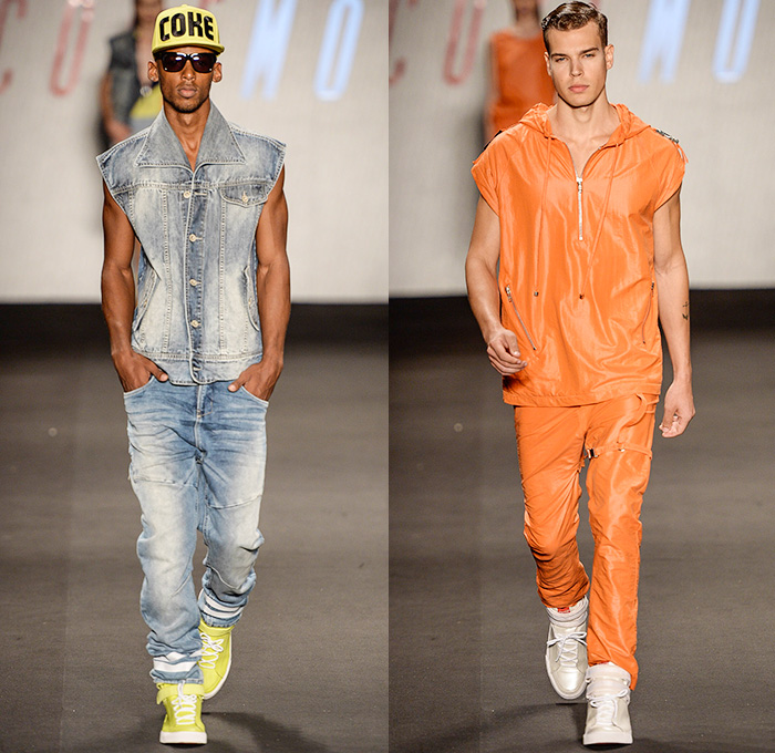 Coca-Cola Jeans 2014-2015 Summer Mens Runway Looks - Temporada Verão 2014-2015 Fashion Rio de Janeiro Brazil Brasil Southern Hemisphere Moda Desfiles - Denim Jeans Shorts Jorts Drawstring Cargo Pockets Sneakers Hitops Vest Waistcoat Rain Rainwear Raincoat Reflector Reflective Hi Vis High Visibility Reflector Stripes Utility Straps Geometric Plastic Translucent Clear 