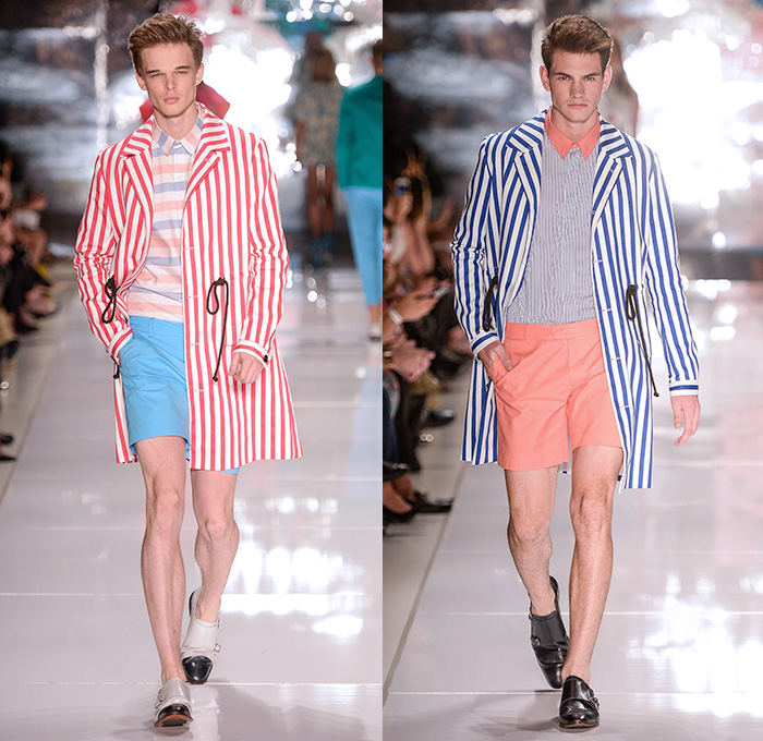 Colcci 2014-2015 Summer Mens Runway Looks - Temporada Verão 2014-2015 São Paulo Fashion Week Brazil Brasil Southern Hemisphere Moda Desfiles - Nautical Beach Stripes Outerwear Coat Jacket Shorts Button Down Shirt Pea Coat Tropical Island Palm Trees Illustration Print Flowers Florals Leaves Foliage Blazer Sportcoat Bomber Jacket Varsity Jacket Sheer Chiffon Peek-a-Boo Vest Waistcoat Pants Trousers Slacks Chinos