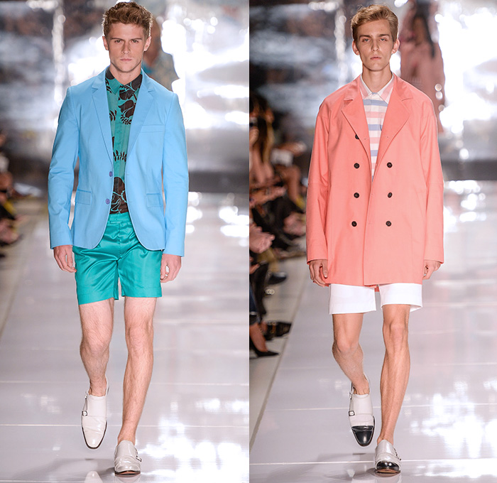 Colcci 2014-2015 Summer Mens Runway Looks - Temporada Verão 2014-2015 São Paulo Fashion Week Brazil Brasil Southern Hemisphere Moda Desfiles - Nautical Beach Stripes Outerwear Coat Jacket Shorts Button Down Shirt Pea Coat Tropical Island Palm Trees Illustration Print Flowers Florals Leaves Foliage Blazer Sportcoat Bomber Jacket Varsity Jacket Sheer Chiffon Peek-a-Boo Vest Waistcoat Pants Trousers Slacks Chinos