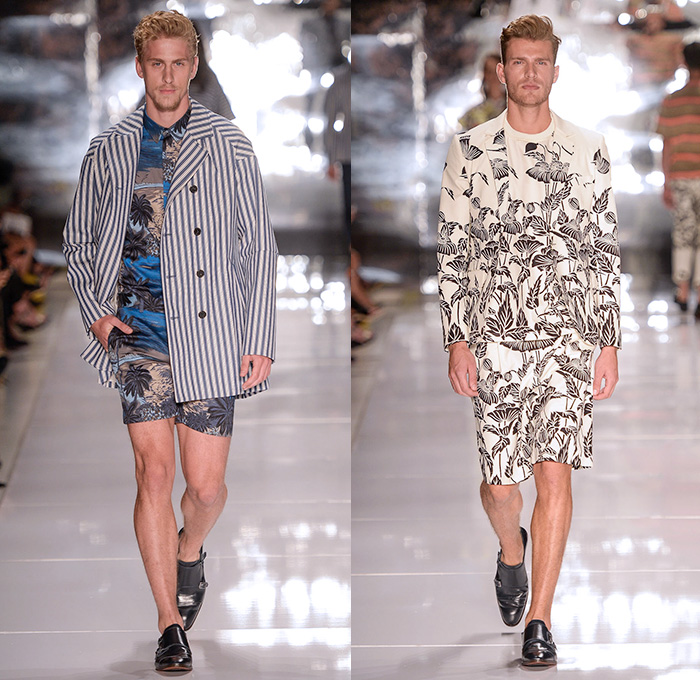 Colcci 2014-2015 Summer Mens Runway Looks - Temporada Verão 2014-2015 São Paulo Fashion Week Brazil Brasil Southern Hemisphere Moda Desfiles - Nautical Beach Stripes Outerwear Coat Jacket Shorts Button Down Shirt Pea Coat Tropical Island Palm Trees Illustration Print Flowers Florals Leaves Foliage Blazer Sportcoat Bomber Jacket Varsity Jacket Sheer Chiffon Peek-a-Boo Vest Waistcoat Pants Trousers Slacks Chinos