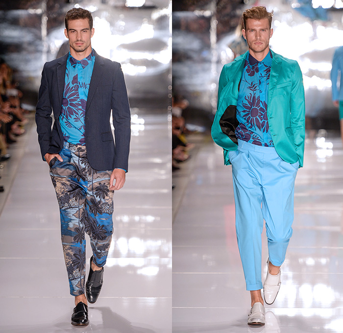Colcci 2014-2015 Summer Mens Runway Looks - Temporada Verão 2014-2015 São Paulo Fashion Week Brazil Brasil Southern Hemisphere Moda Desfiles - Nautical Beach Stripes Outerwear Coat Jacket Shorts Button Down Shirt Pea Coat Tropical Island Palm Trees Illustration Print Flowers Florals Leaves Foliage Blazer Sportcoat Bomber Jacket Varsity Jacket Sheer Chiffon Peek-a-Boo Vest Waistcoat Pants Trousers Slacks Chinos