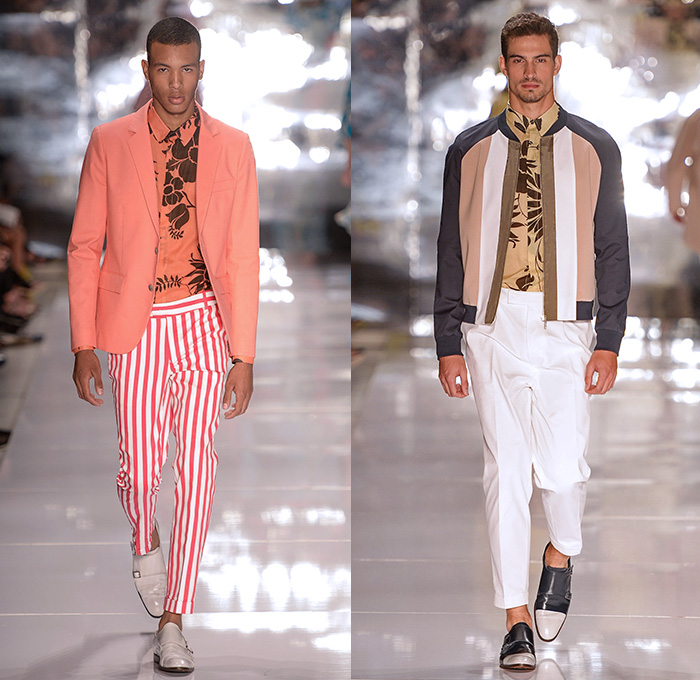 Colcci 2014-2015 Summer Mens Runway Looks - Temporada Verão 2014-2015 São Paulo Fashion Week Brazil Brasil Southern Hemisphere Moda Desfiles - Nautical Beach Stripes Outerwear Coat Jacket Shorts Button Down Shirt Pea Coat Tropical Island Palm Trees Illustration Print Flowers Florals Leaves Foliage Blazer Sportcoat Bomber Jacket Varsity Jacket Sheer Chiffon Peek-a-Boo Vest Waistcoat Pants Trousers Slacks Chinos