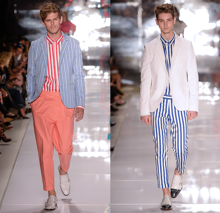 Colcci 2014-2015 Summer Mens Runway Looks - Temporada Verão 2014-2015 São Paulo Fashion Week Brazil Brasil Southern Hemisphere Moda Desfiles - Nautical Beach Stripes Outerwear Coat Jacket Shorts Button Down Shirt Pea Coat Tropical Island Palm Trees Illustration Print Flowers Florals Leaves Foliage Blazer Sportcoat Bomber Jacket Varsity Jacket Sheer Chiffon Peek-a-Boo Vest Waistcoat Pants Trousers Slacks Chinos