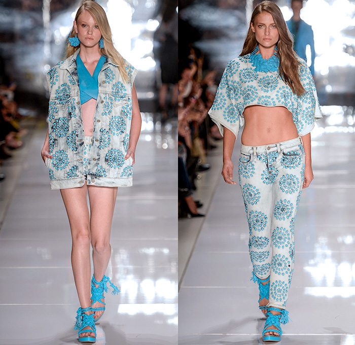 Colcci 2014-2015 Summer Womens Runway Looks - Temporada Verão 2014-2015 São Paulo Fashion Week Brazil Brasil Southern Hemisphere Moda Desfiles - Denim Jeans Embellishments 3d Adornments Acid Wash Bejeweled Crop Top Midriff Wrap Shorts Cutoffs Vest Jacket Culottes Gauchos Wide Leg Circle Poodle Pencil Skirt Embroidery Flowers Florals Pleated Sandals Gladiator Stripes Lace Bandeau Strapless Capelet Leaves Tunic Sheer Chiffon Peek-a-Boo Romper Outerwear Coat