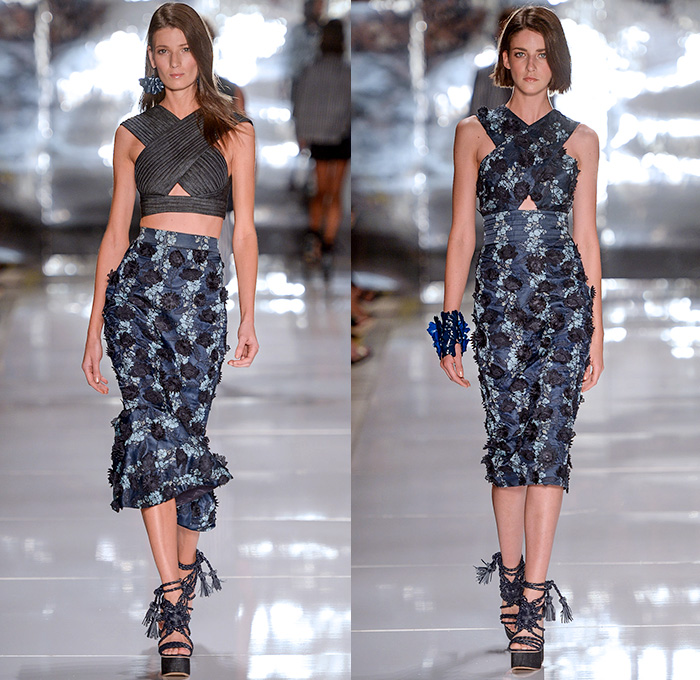 Colcci 2014-2015 Summer Womens Runway Looks - Temporada Verão 2014-2015 São Paulo Fashion Week Brazil Brasil Southern Hemisphere Moda Desfiles - Denim Jeans Embellishments 3d Adornments Acid Wash Bejeweled Crop Top Midriff Wrap Shorts Cutoffs Vest Jacket Culottes Gauchos Wide Leg Circle Poodle Pencil Skirt Embroidery Flowers Florals Pleated Sandals Gladiator Stripes Lace Bandeau Strapless Capelet Leaves Tunic Sheer Chiffon Peek-a-Boo Romper Outerwear Coat