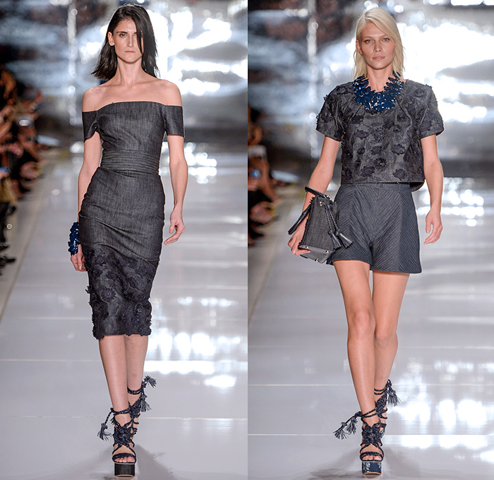 Colcci 2014-2015 Summer Womens Runway Looks - Temporada Verão 2014-2015 São Paulo Fashion Week Brazil Brasil Southern Hemisphere Moda Desfiles - Denim Jeans Embellishments 3d Adornments Acid Wash Bejeweled Crop Top Midriff Wrap Shorts Cutoffs Vest Jacket Culottes Gauchos Wide Leg Circle Poodle Pencil Skirt Embroidery Flowers Florals Pleated Sandals Gladiator Stripes Lace Bandeau Strapless Capelet Leaves Tunic Sheer Chiffon Peek-a-Boo Romper Outerwear Coat